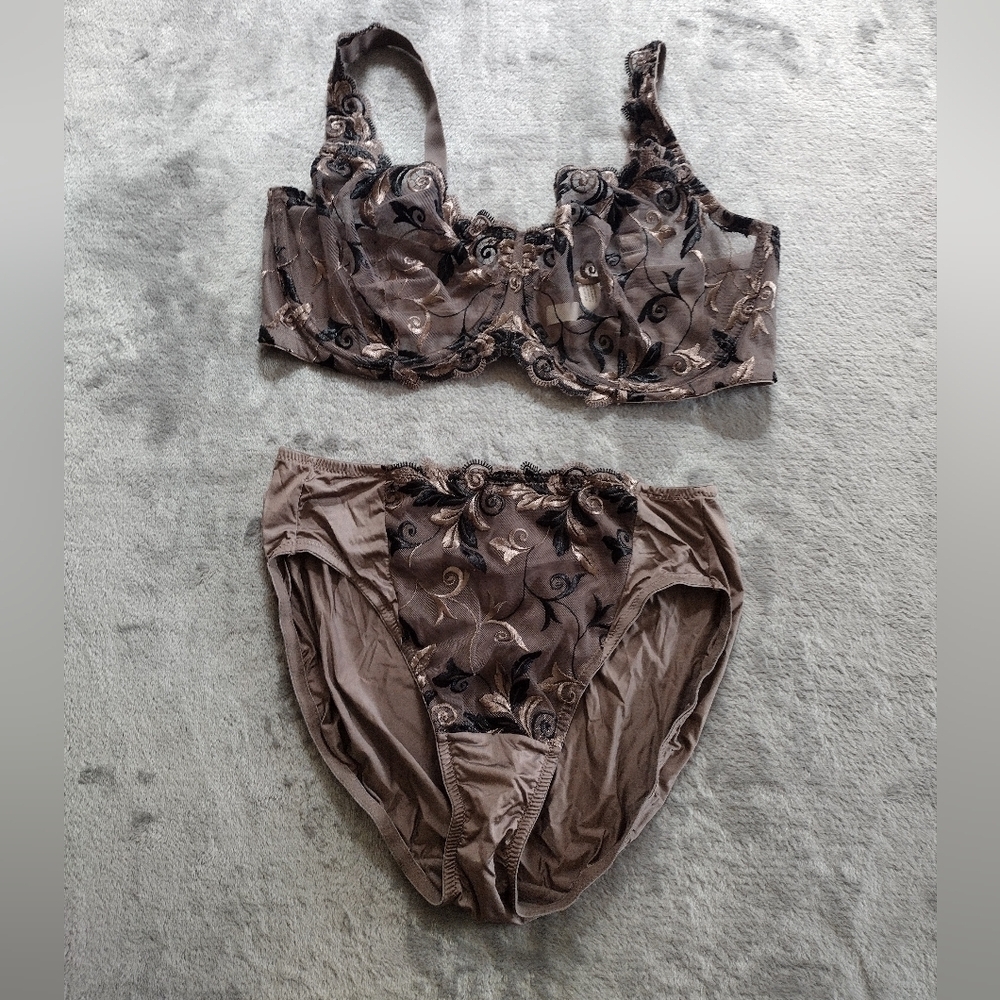 SOMA SENSUOUS LACE Unlined EMBROIDERED Brown BRA PANTY SET 38DD / M NWOT